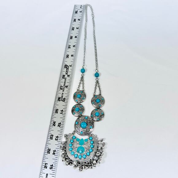 Vintage Boho Western Retro Turquoise Silver Necklace Gypsy Chunky 14" Fantasy - Picture 8 of 8